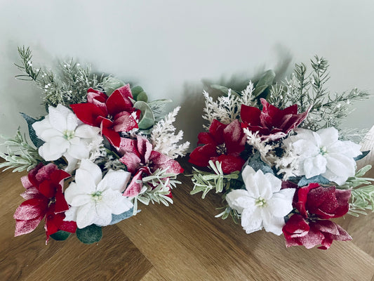 Faux red & white poinsettia memorial pots (pair)